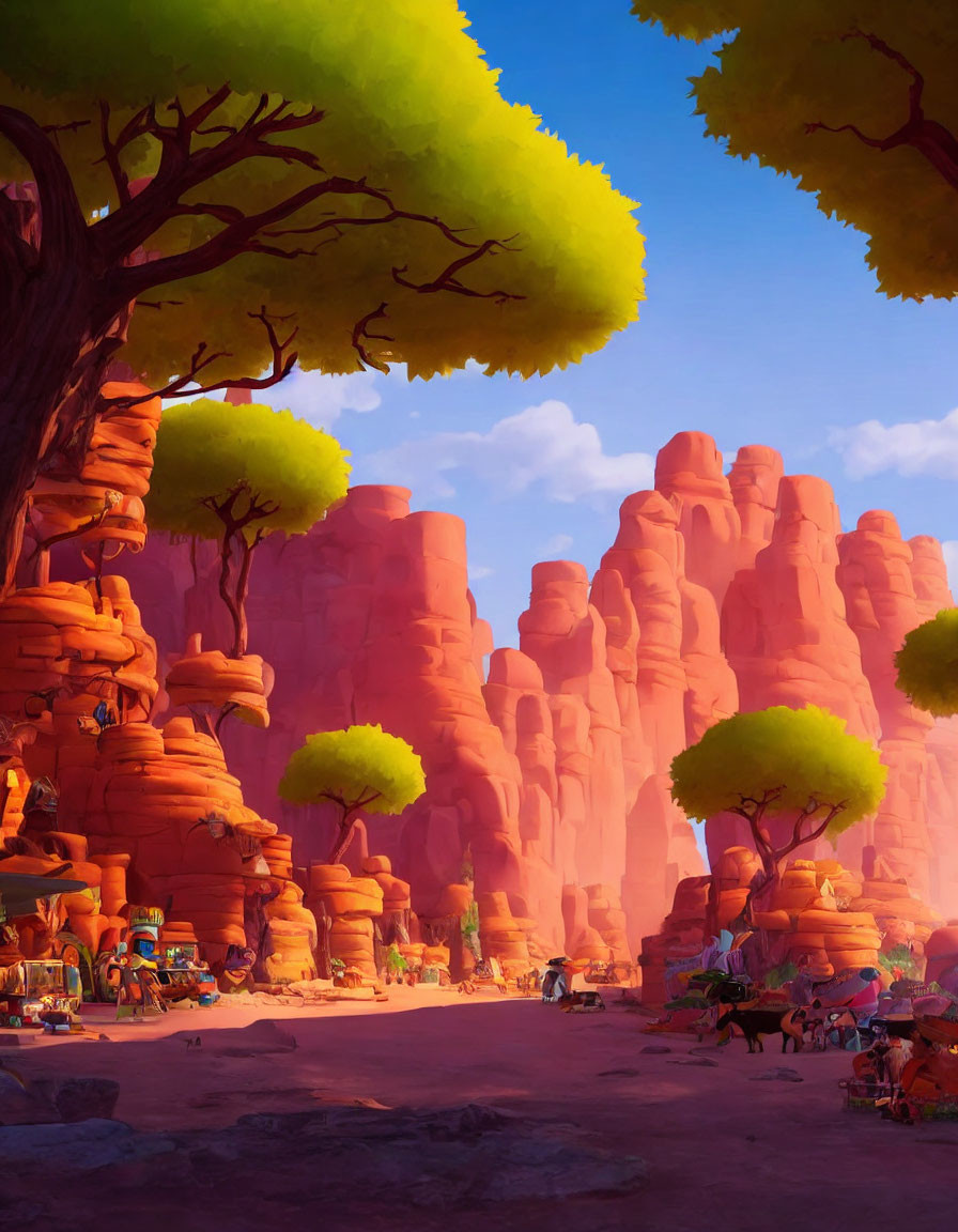 Vibrant animated desert landscape with red rock formations and marketplace