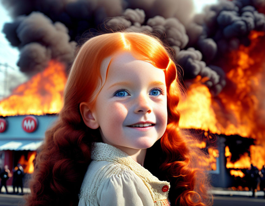 Red-haired girl smiling with fire and smoke background.