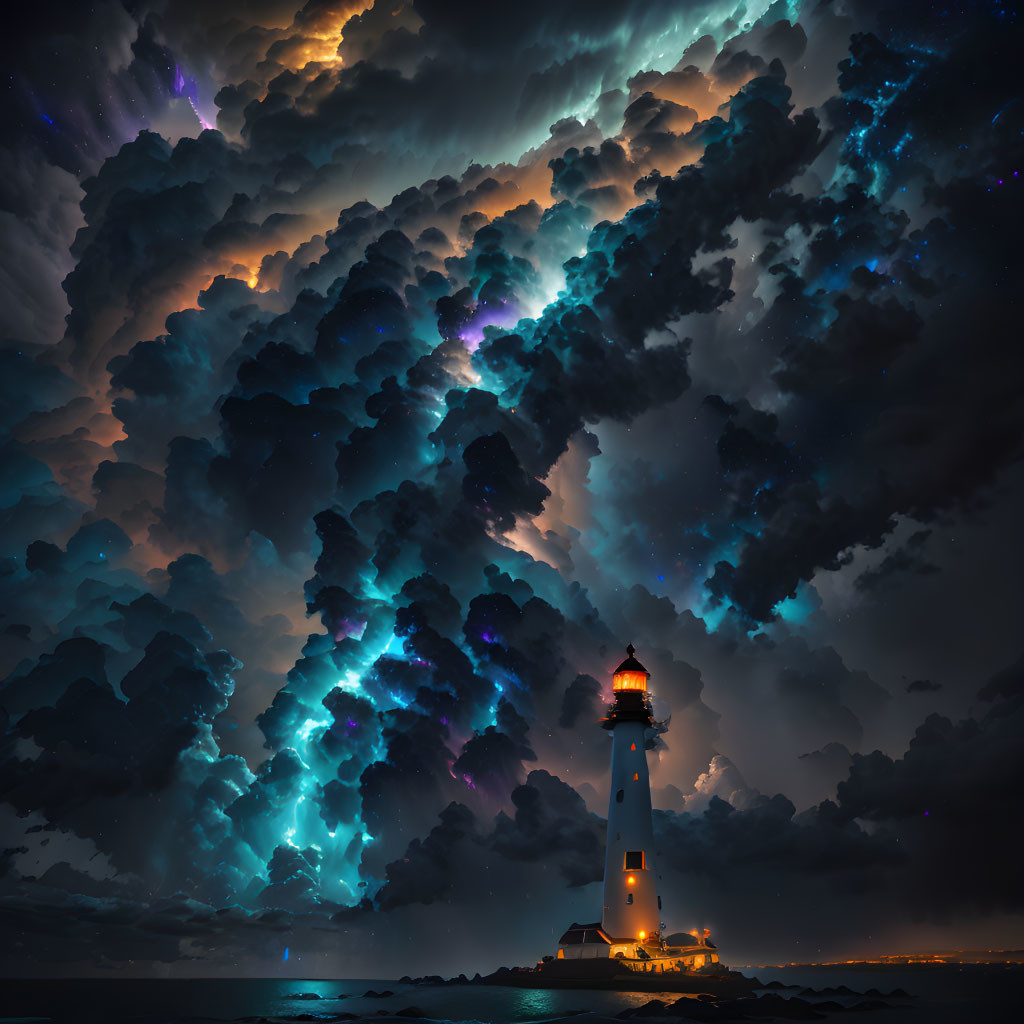 Dramatic night sky with illuminated clouds and lighthouse beacon piercing darkness