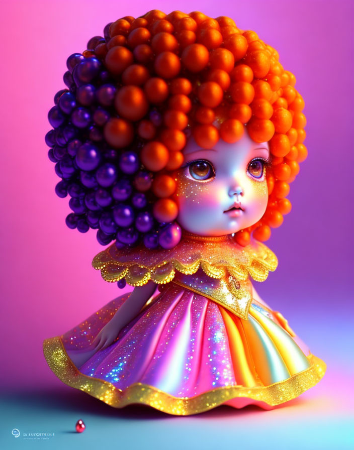 Colorful Grape-Haired Figurine in Sparkly Dress on Gradient Background