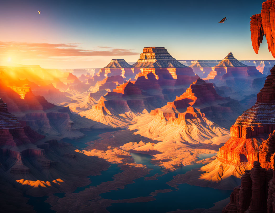 Grand Canyon Sunrise: Warm Hues on Rock Formations & River Below