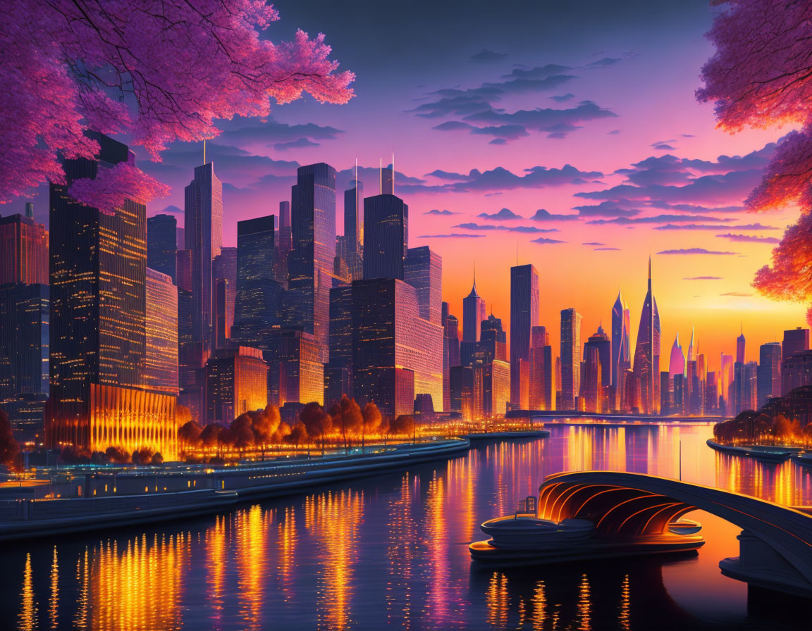 Cityscape sunset with pink blossoms, reflecting buildings, boat, and curved bridge.