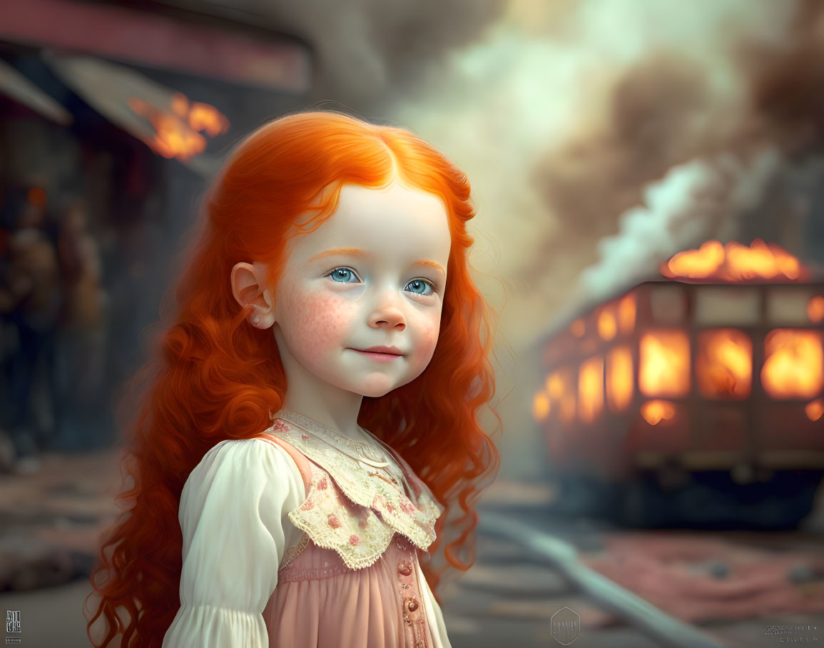 Digital art portrait of young girl with red hair and blue eyes in vintage dress, set against tram and