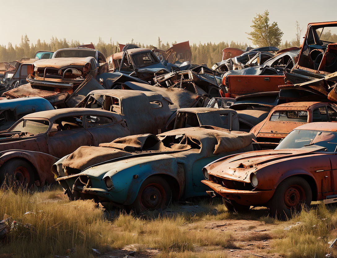 Abandoned cars in a junkyard showing decay and neglect