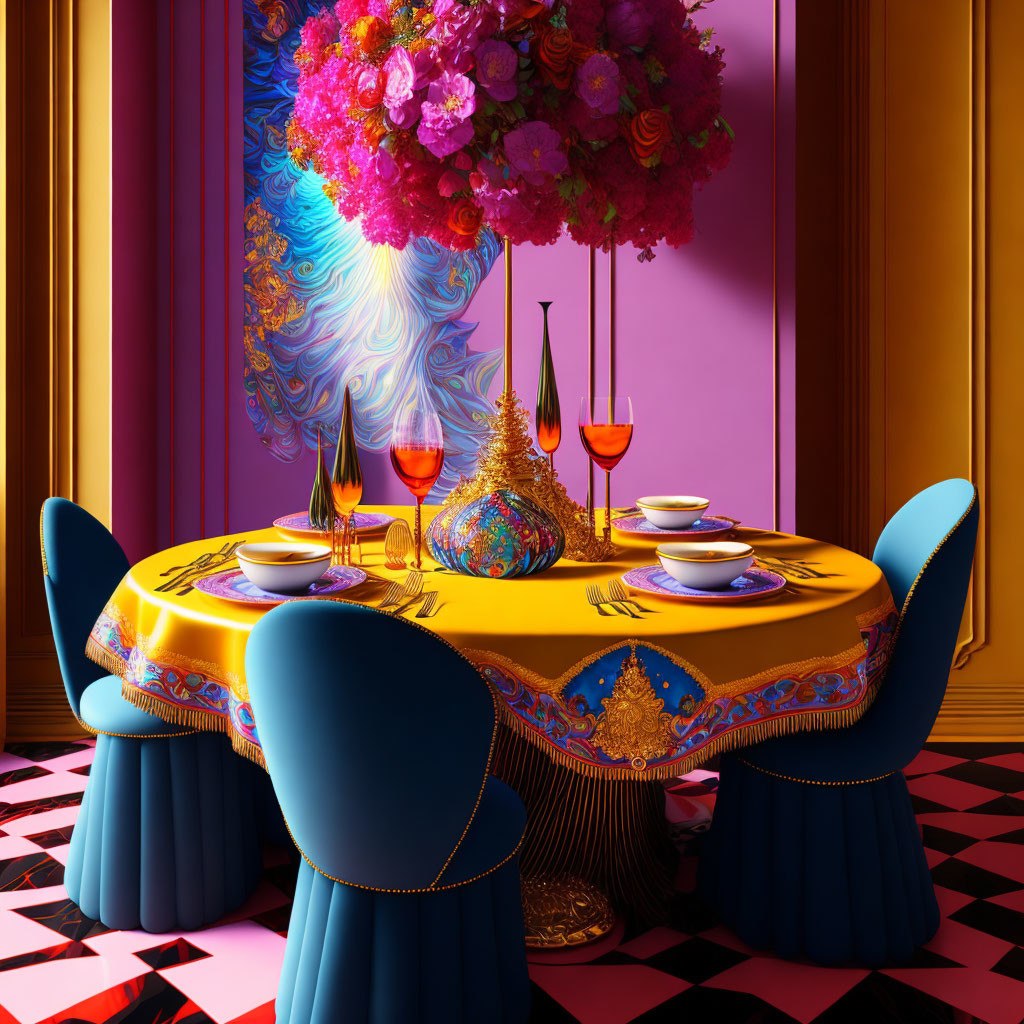 Colorful Dining Setup with Yellow Tablecloth, Blue Chairs, and Psychedelic Wall Pattern