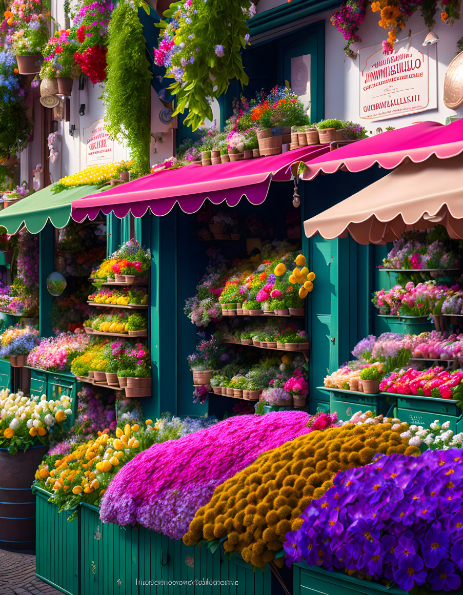 Colorful Flower Shop Displayed Under Green Awnings