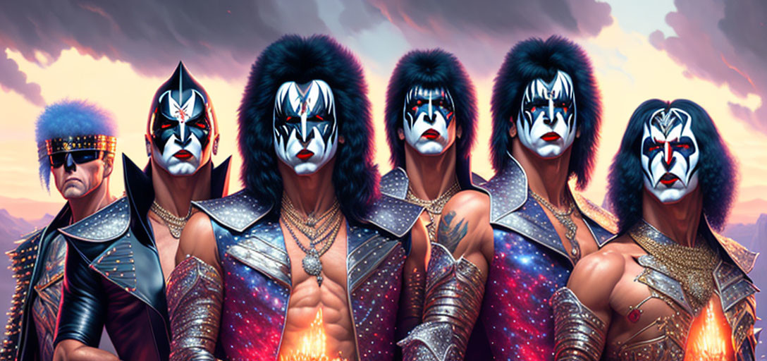 Five individuals in glam rock-style makeup and costumes pose against a sunset sky backdrop