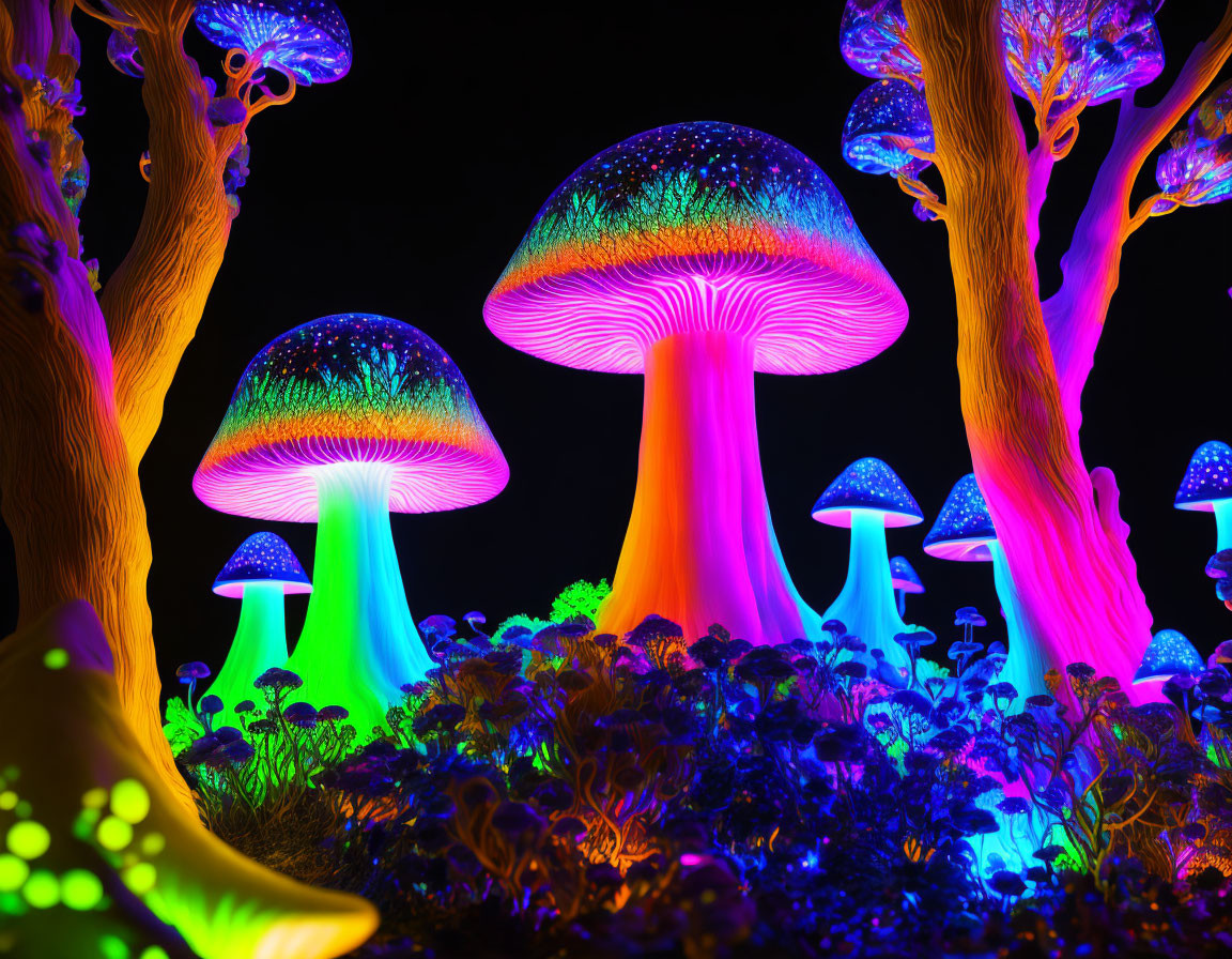 Neon-colored oversized artificial mushrooms in a magical night scene