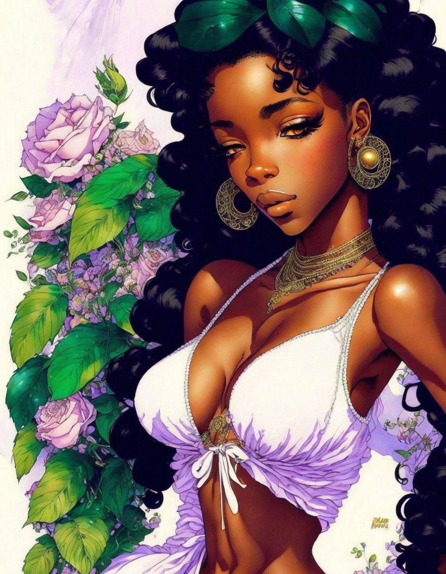 Woman with Voluminous Black Hair in Purple Attire and Gold Jewelry Among Green Leaves and Purple Roses