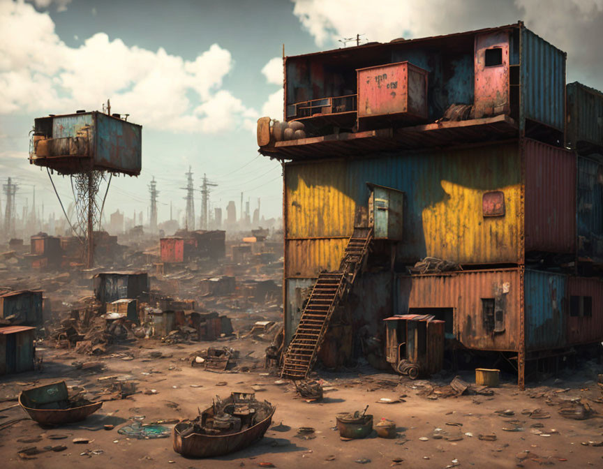 Dystopian landscape with container homes, debris, boat, and industrial towers