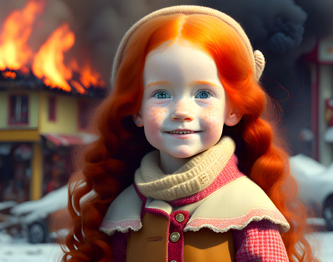 Red-haired girl with freckles smiles in front of fire and smoke.