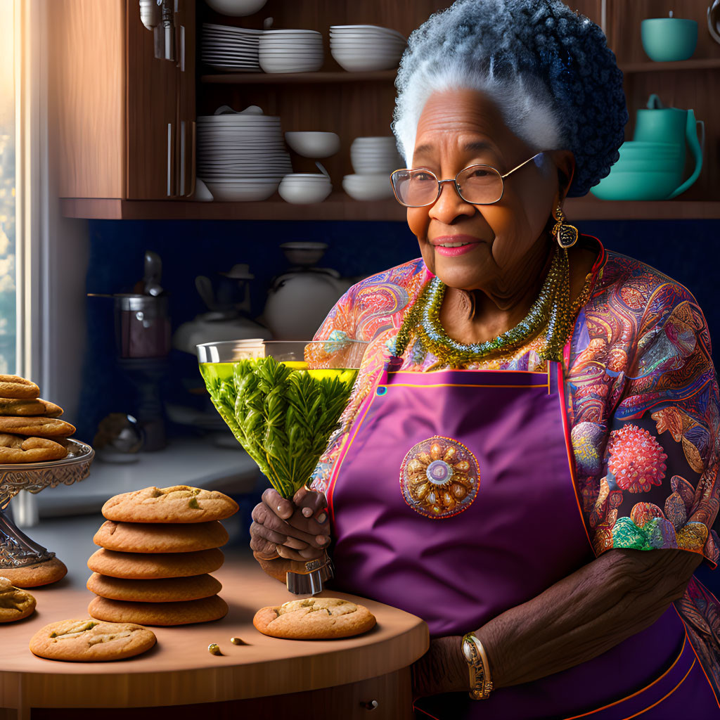 Elderly woman with blue hair holding lettuce in kitchen with cookies