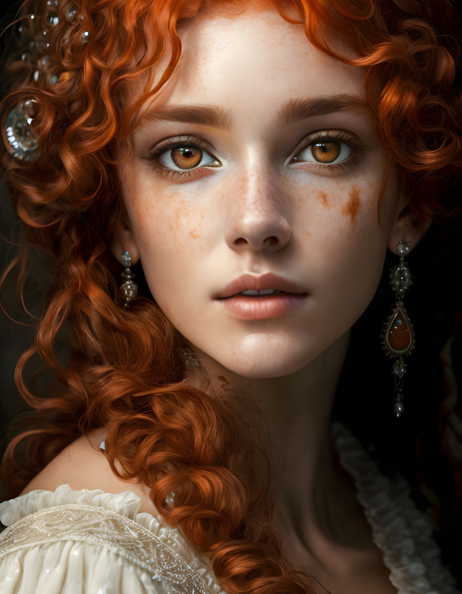 Portrait of woman with curly red hair, amber eyes, freckles, elegant earrings, cream dress