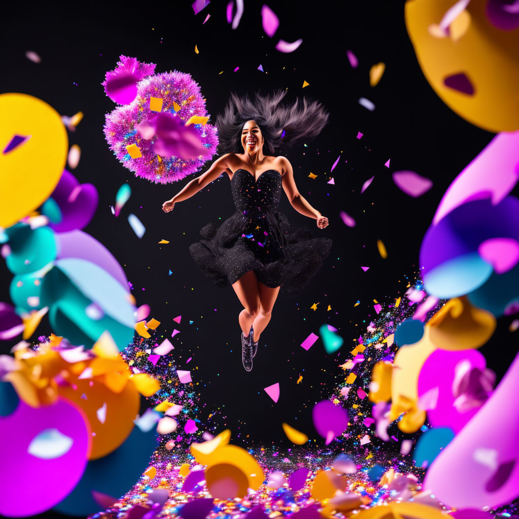 Levitating woman in black dress with confetti, balloons, and glitter