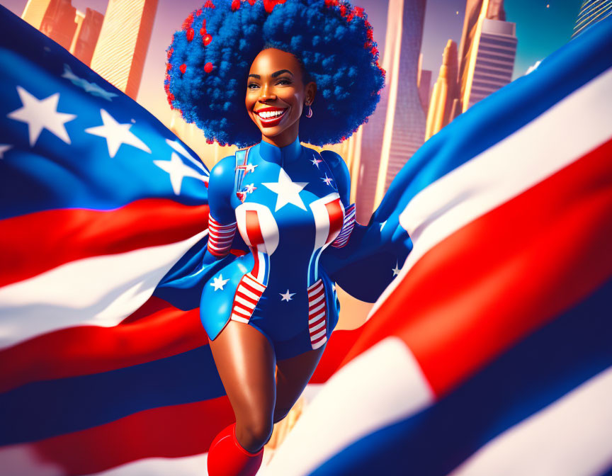 Colorful smiling woman in patriotic superhero costume with blue curly hair and American flag cape in cityscape