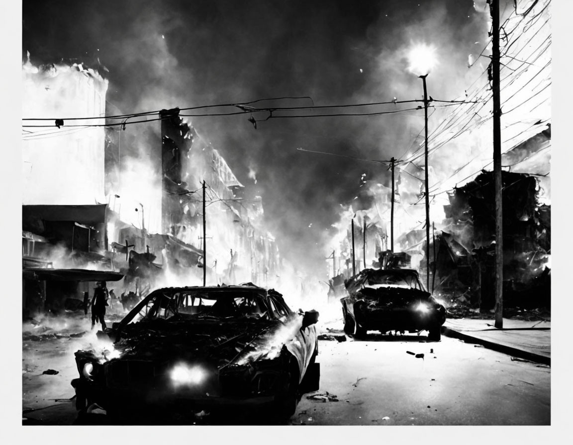 Monochrome image of devastated street with burnt-out cars and buildings ablaze