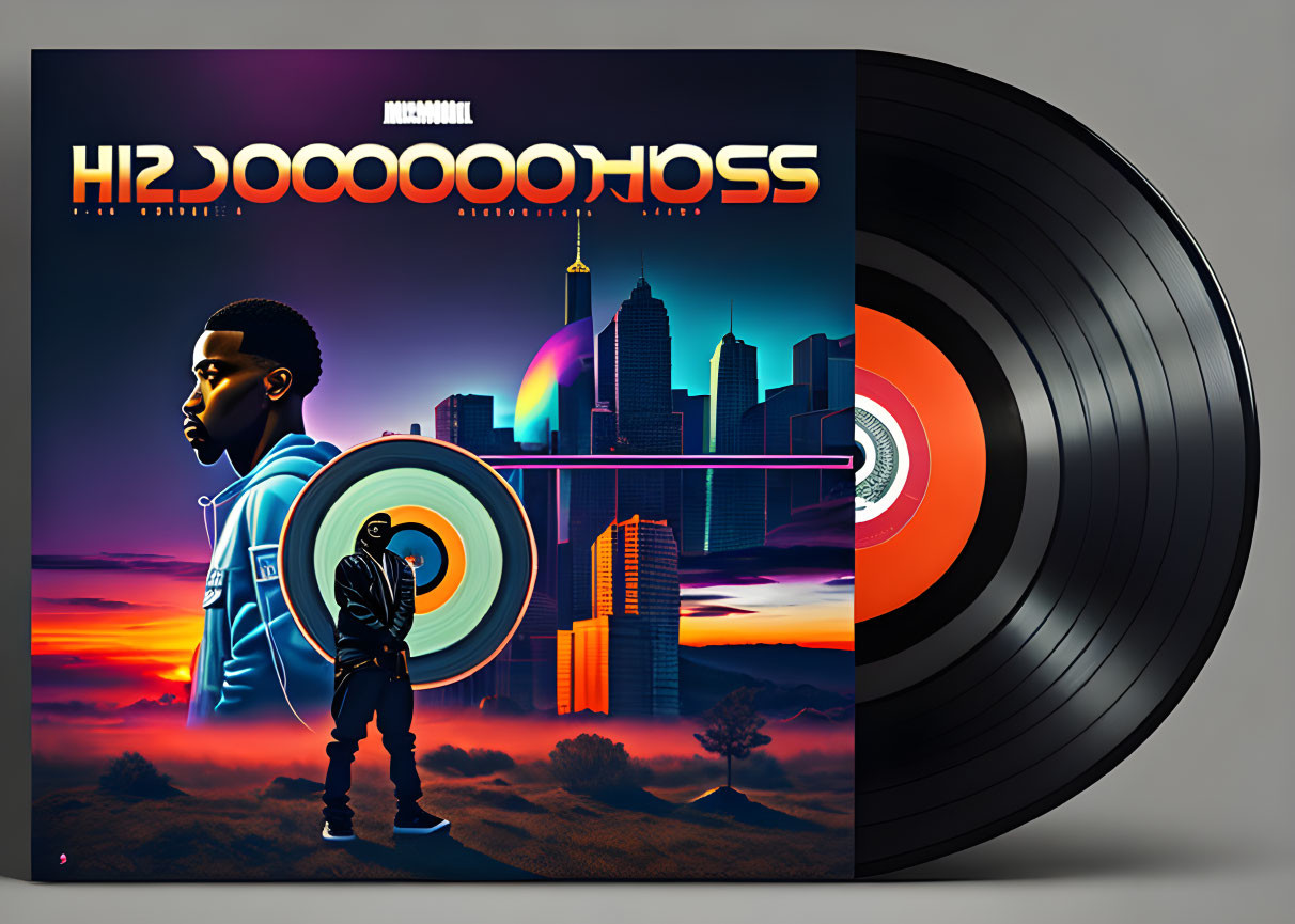 Man holding circular light with city skyline and vinyl record on album cover