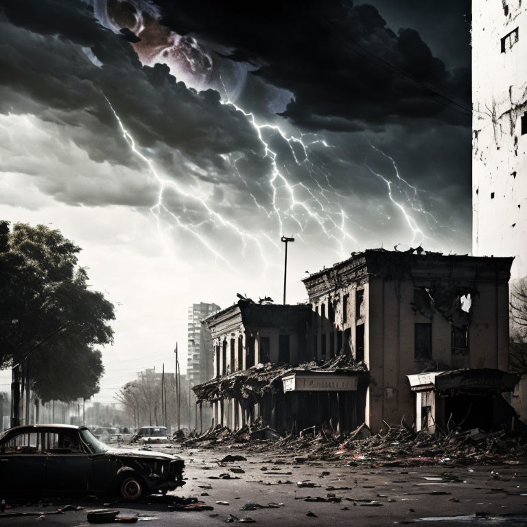 Post-apocalyptic scene with damaged buildings, deserted car, debris, and intense lightning