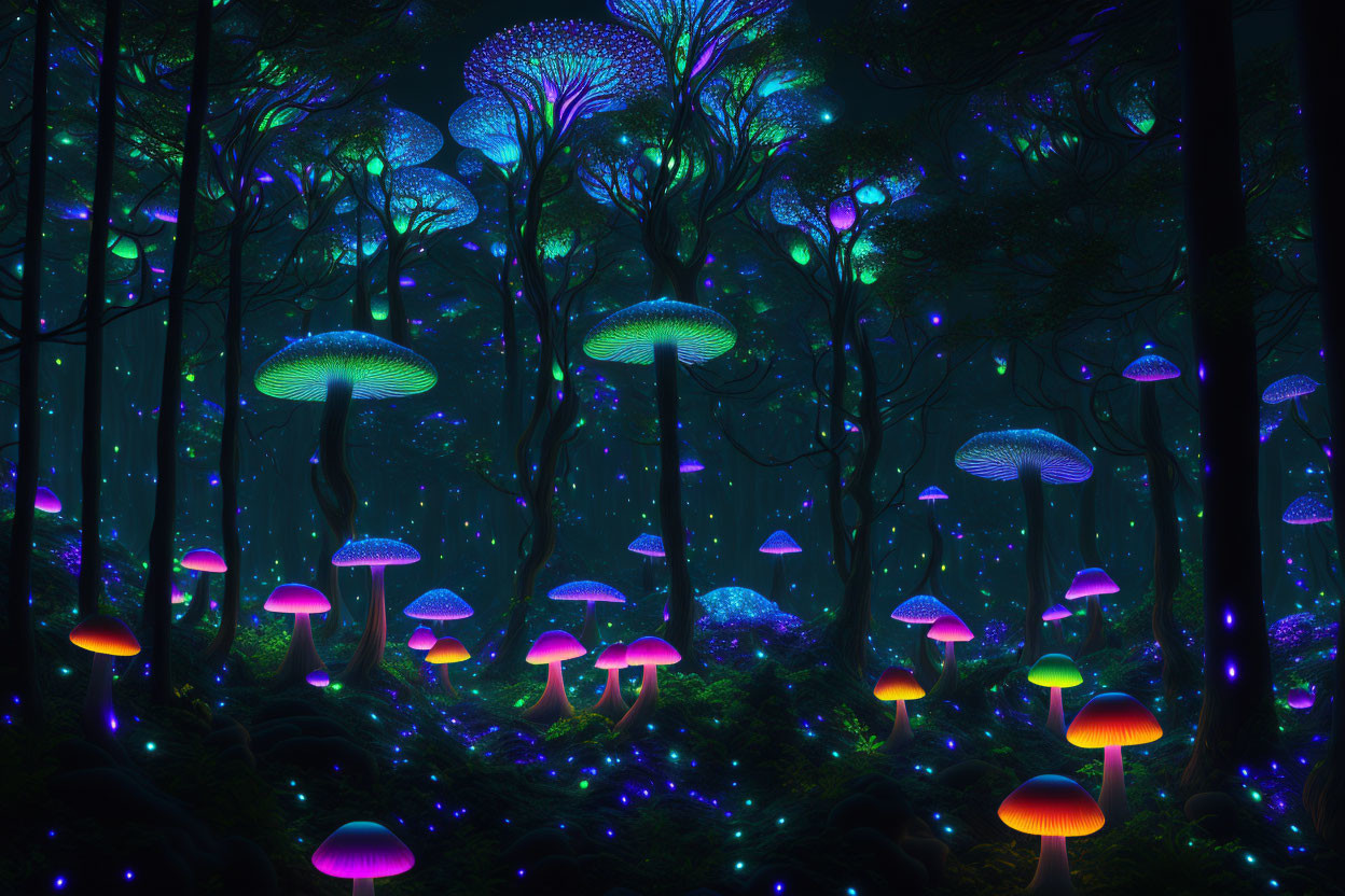 Enchanted forest with oversized glowing mushrooms at night