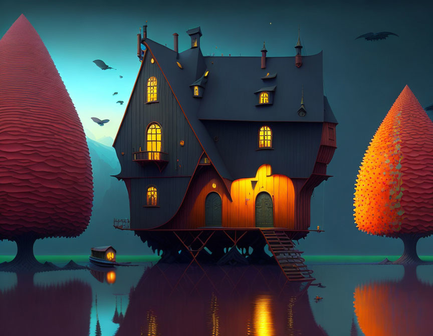 Illustration of boat-shaped house on stilts at twilight with bats and colorful trees