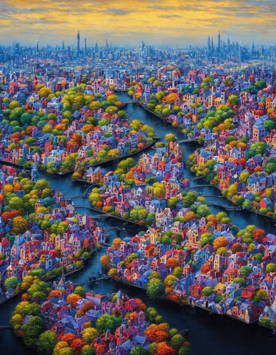 Colorful Aerial Cityscape Painting with River and Autumn Trees