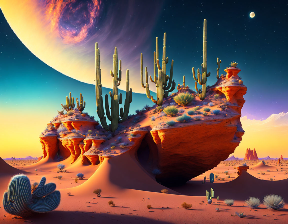 Surreal desert landscape with cacti, dunes, rocks, and oversized moon