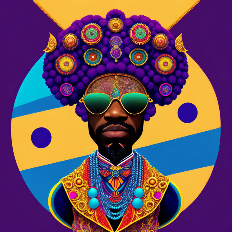 Colorful man portrait with headdress and sunglasses on vibrant geometric background