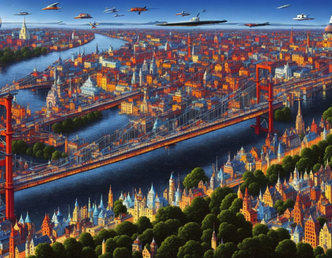 Futuristic cityscape with high-density buildings, flying vehicles, and bridges under a sunset sky