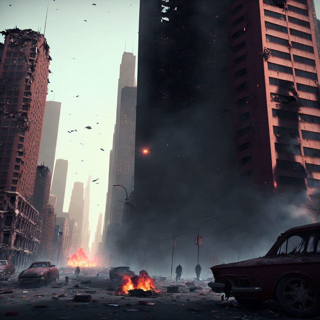 Dystopian cityscape with skyscrapers, abandoned cars, fires, falling ash, and debris