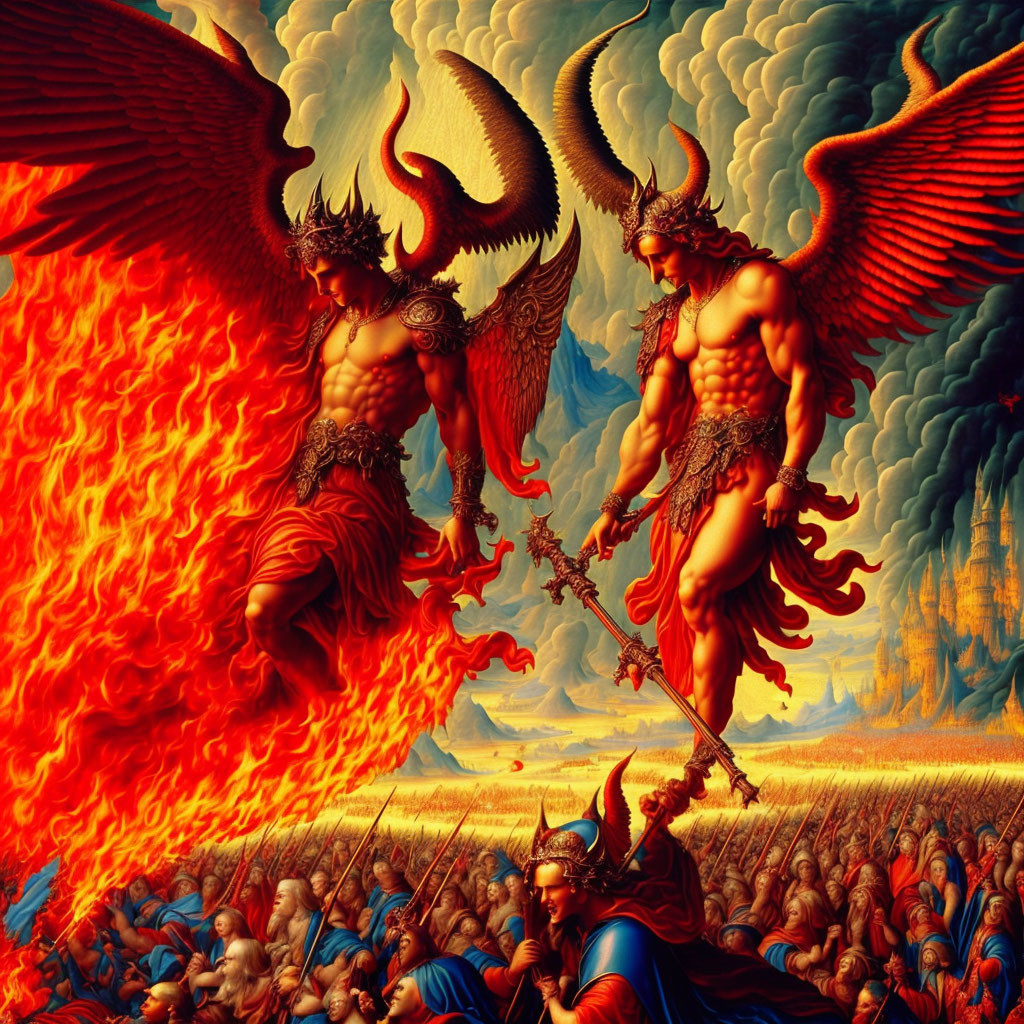 Muscular winged beings in fiery battle with soldiers