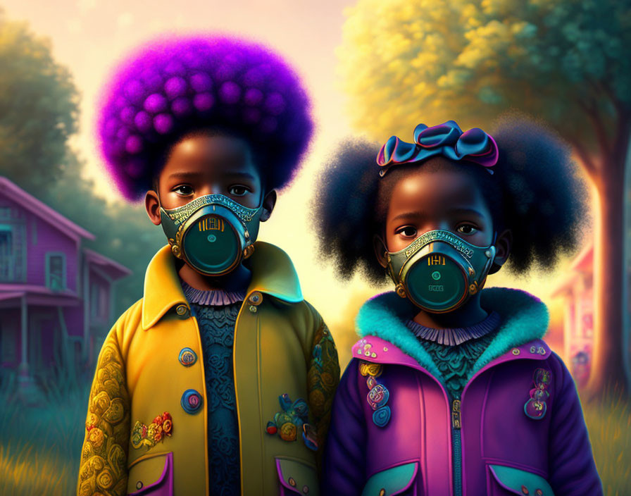 Children with vibrant purple hair and gas masks in colorful jackets on sunset-lit street