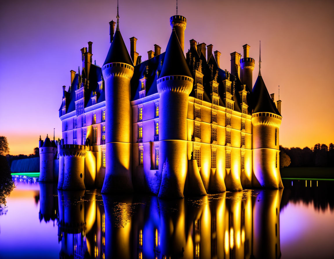 Majestic castle with illuminated spires reflected in serene water at dusk