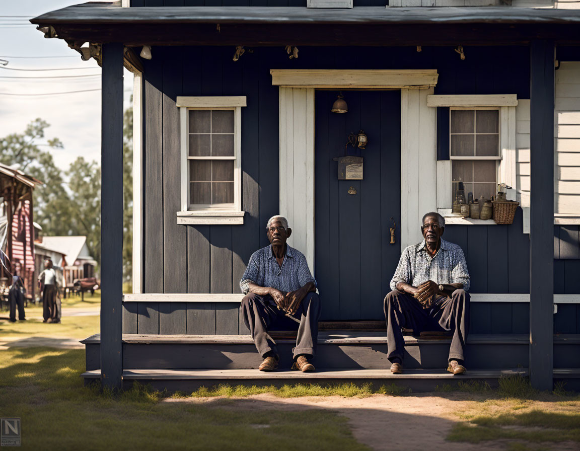 Elderly Men Sitting on Wooden Porch in Rural Setting