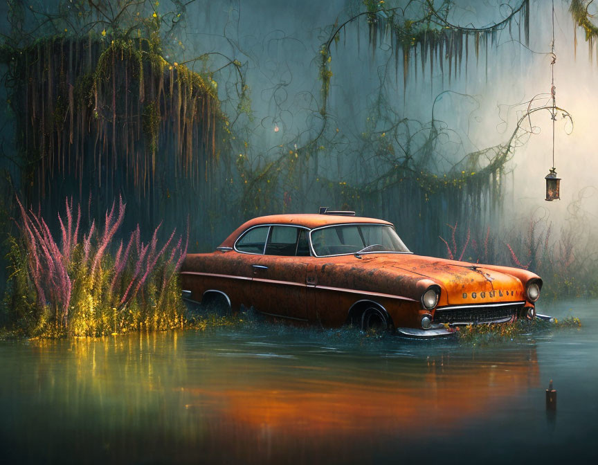 Rusty car submerged in water in mystical forest with lanterns