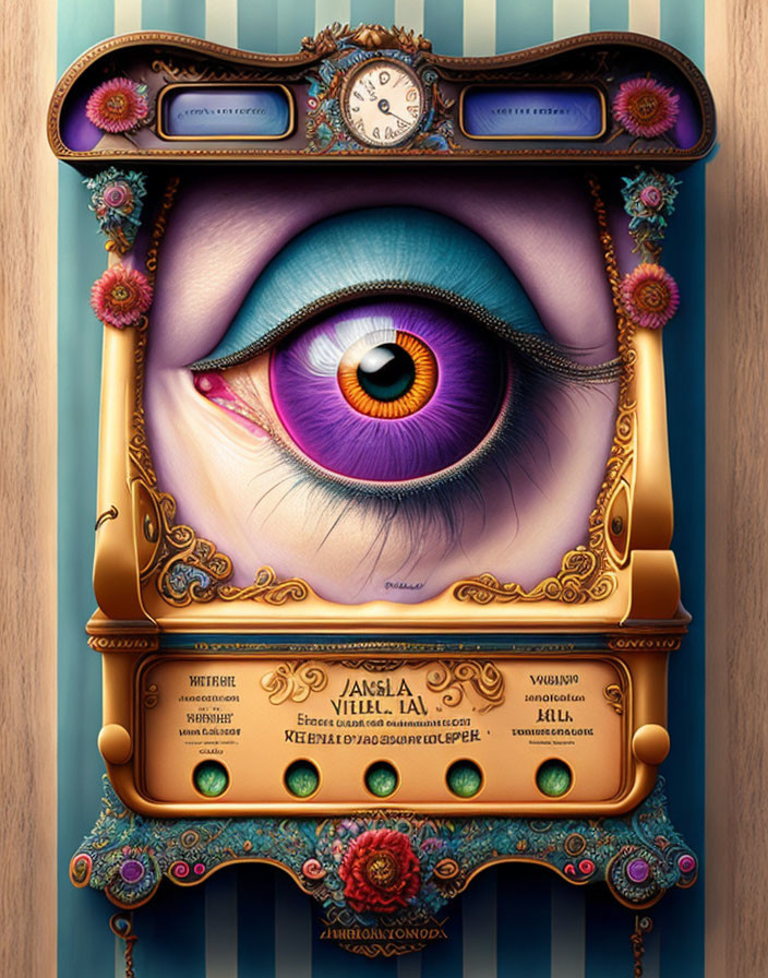 Surrealist image: Large eye in clock-adorned cabinet with floral patterns