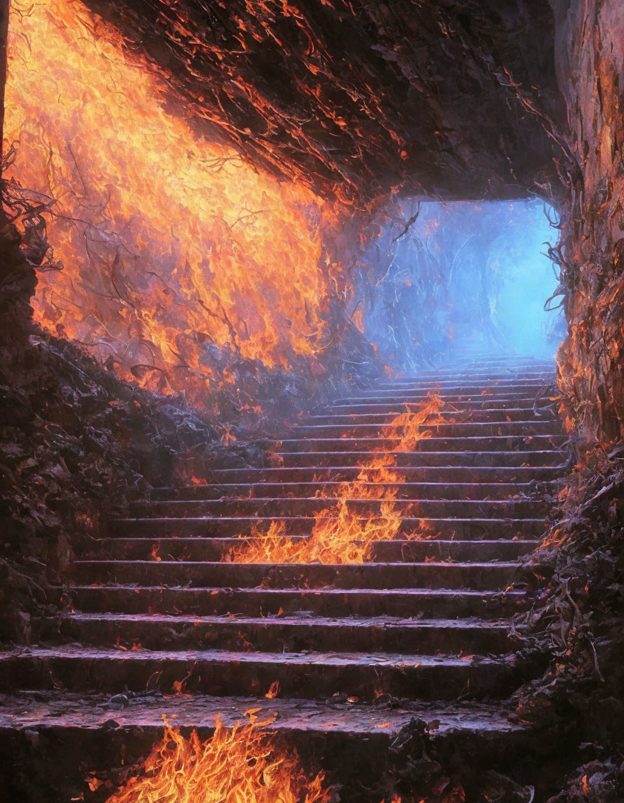 Intense Flames on Staircase with Blue Opening