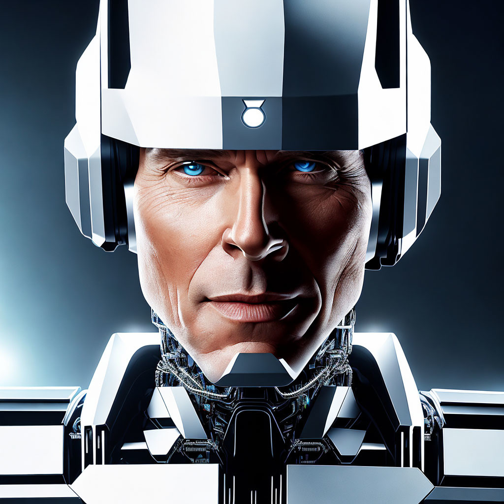 Futuristic white helmet with blue eyes on dark background