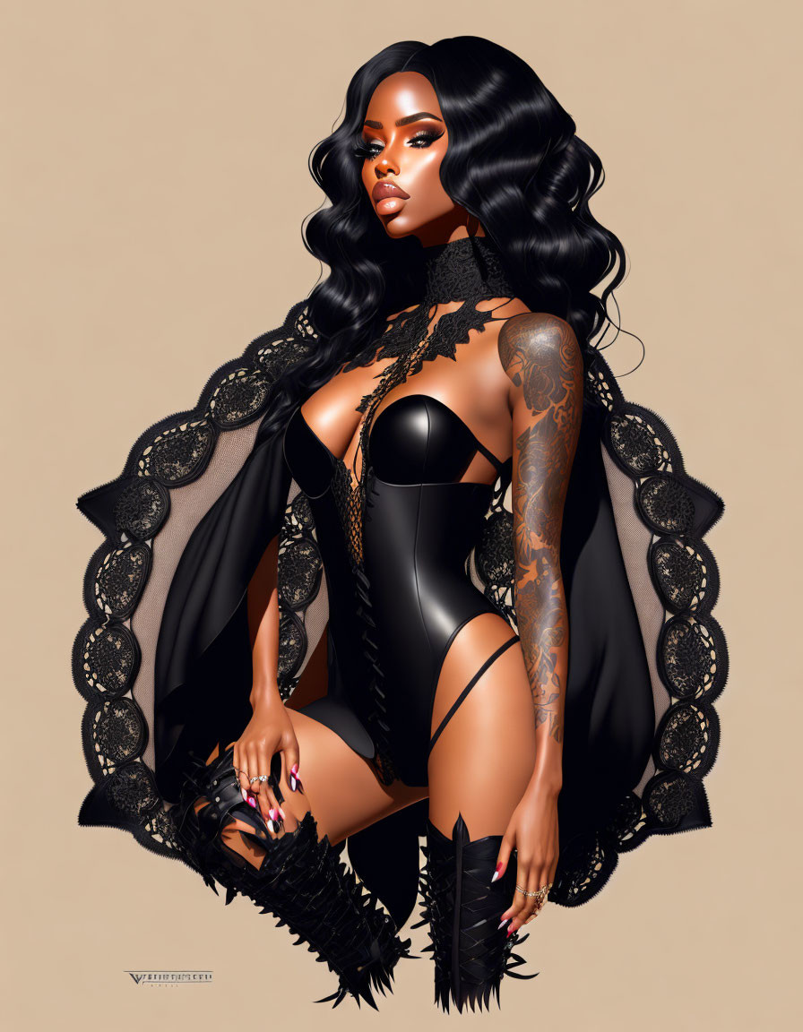 Illustration of woman with long black hair, tattoos, black bodysuit, cape, spiked heels