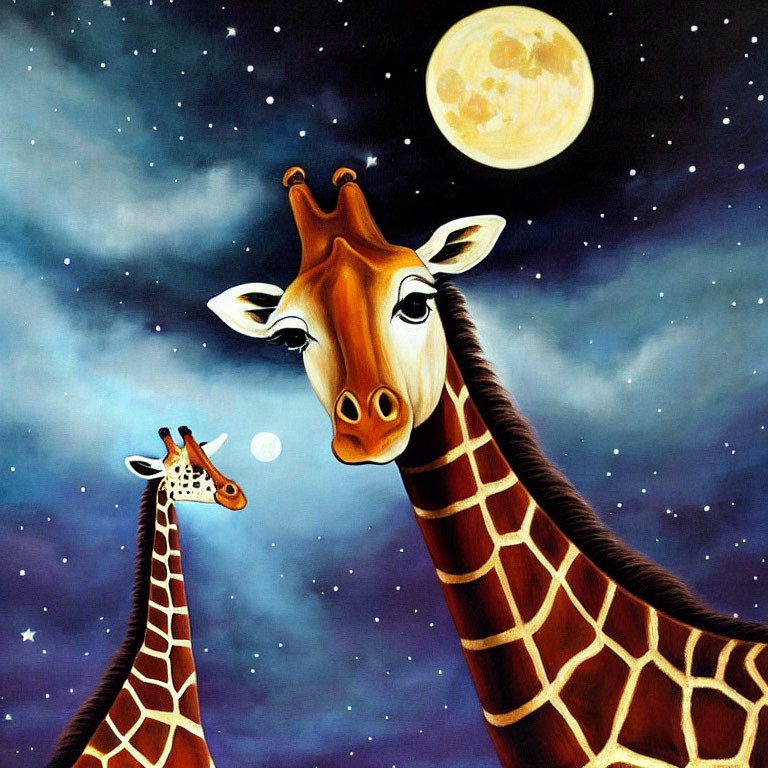 Cartoon giraffes under full moon in starry sky