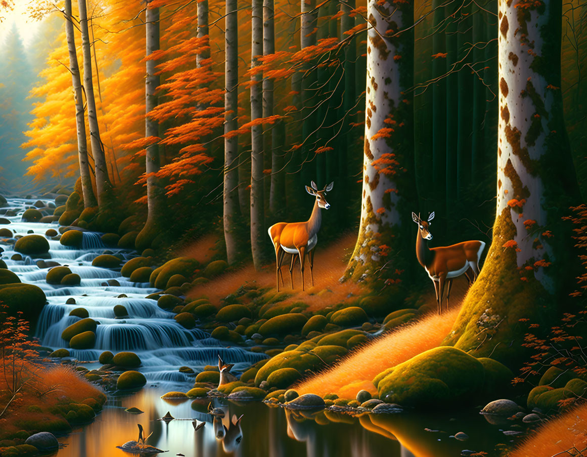 Autumn forest scene: deer by stream, golden leaves, mossy rocks.