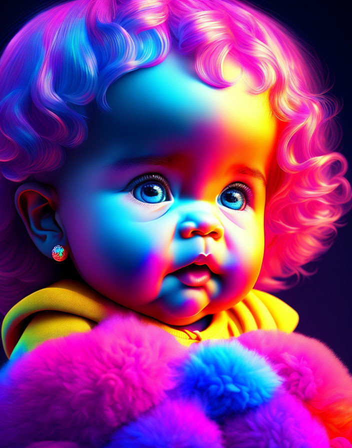 Colorful portrait of baby with curly hair in neon blue, pink, and yellow hues, big blue