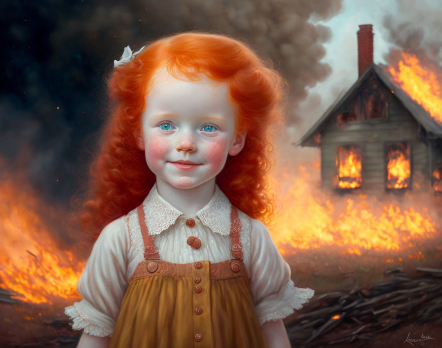 Surreal image: Smiling girl with red hair near burning house