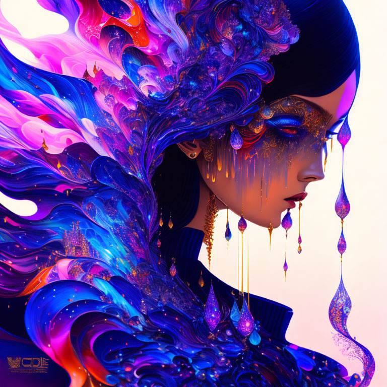 Vibrant digital artwork of mystical female figure with flowing hair and ornate jewelry