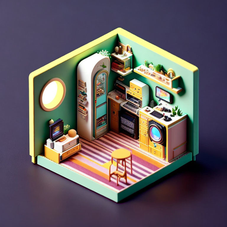 Colorful Isometric Rendering of Cozy Vintage Room with Jukebox & Retro Decor