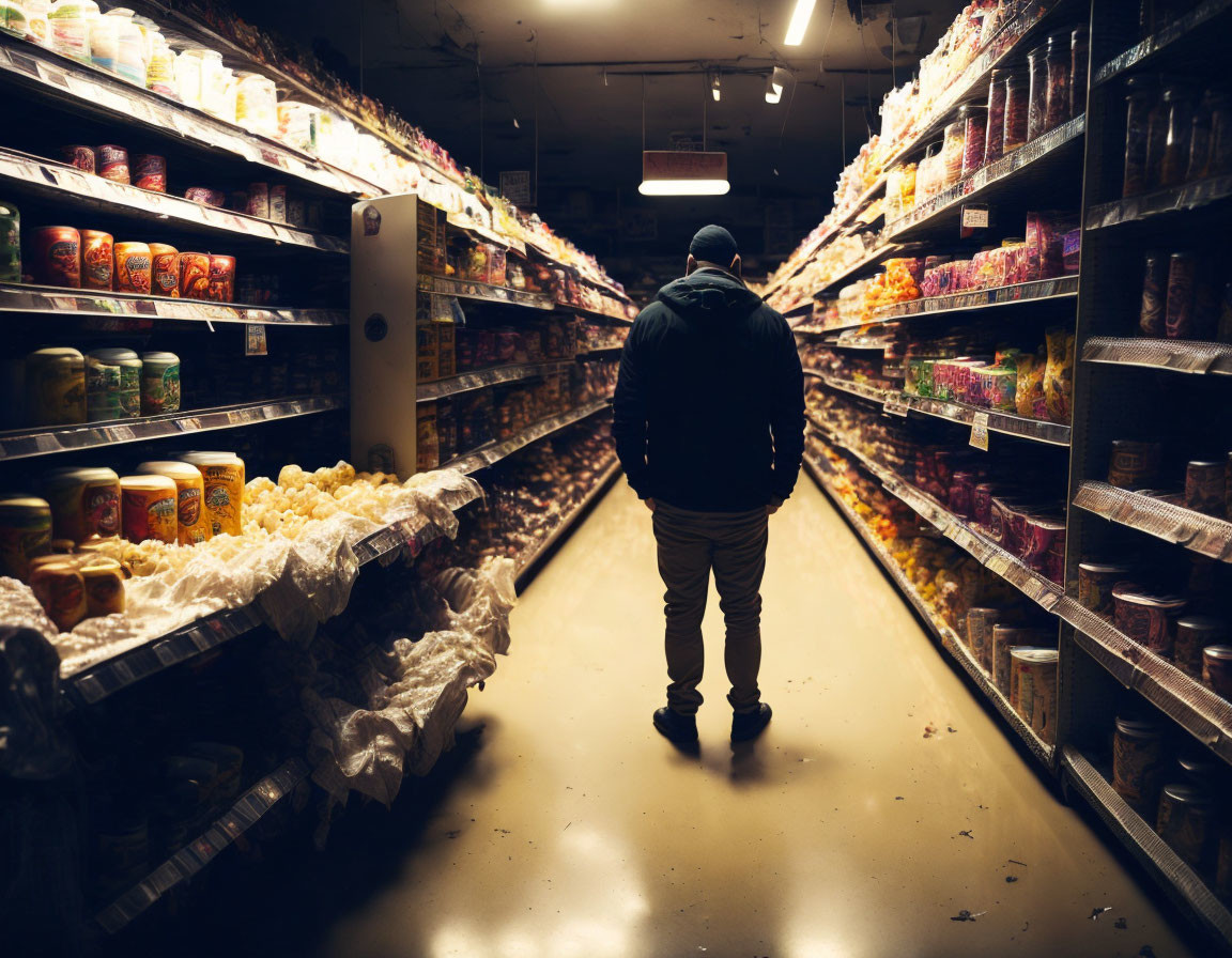 Person in Grocery Store Aisle Surrounded by Food Shelves