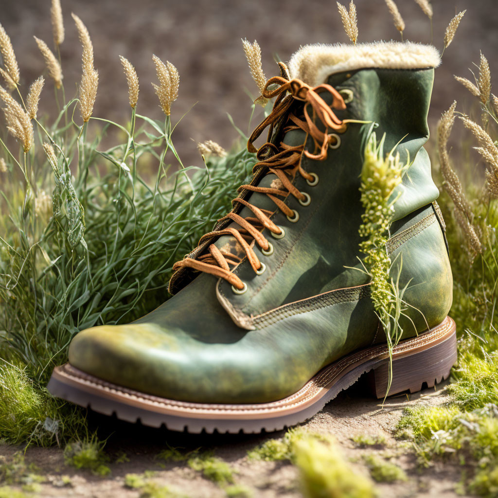 Green Leather Boot with Brown Laces on Soil Amidst Grass and Plants