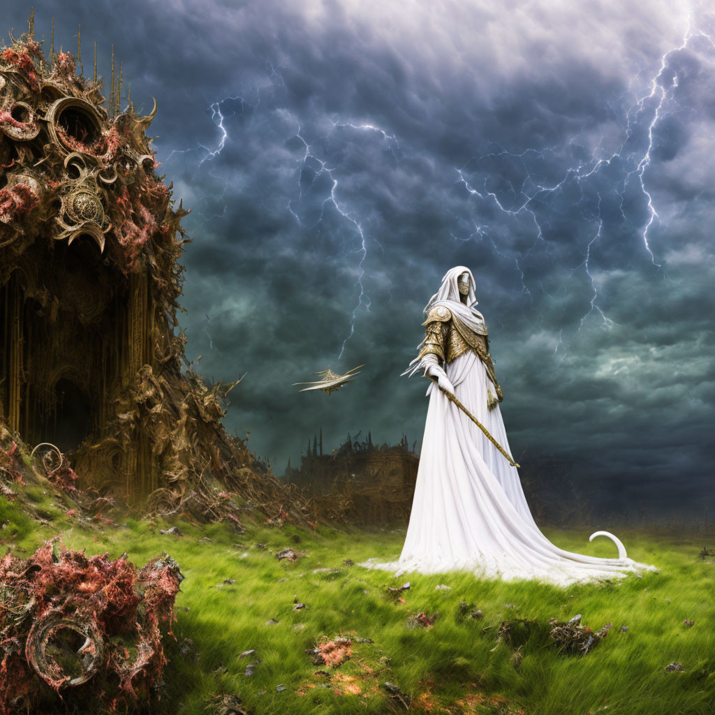 Robed figure on grassy plain under stormy sky with lightning striking