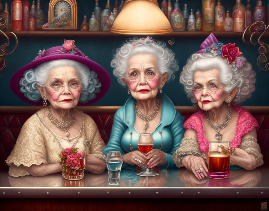 Elderly ladies in elegant hats and vintage clothing at bar with bottles in background