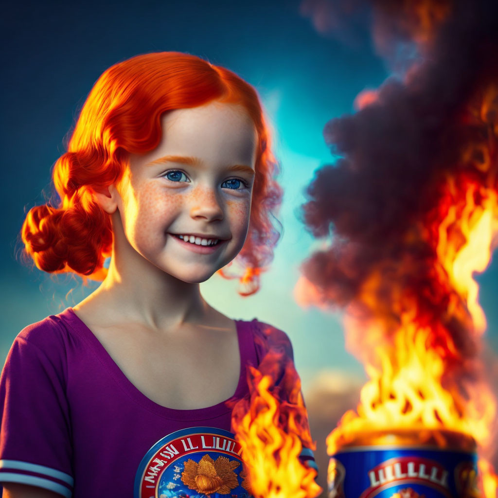 Red-haired girl in purple shirt smiles by bright fire