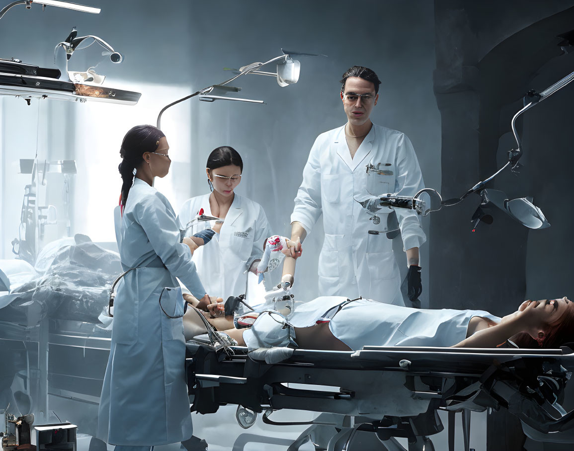 Healthcare Professionals in High-Tech Operating Room with Robotic Equipment